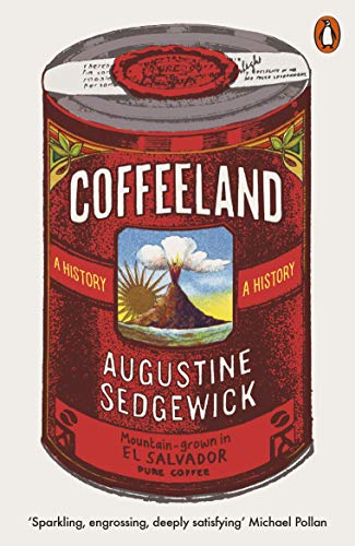 Red coffee can book cover with a volcano image and title "Coffeeland.