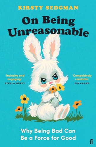 Book cover: a fluffy white rabbit with an angry expression holds flowers.