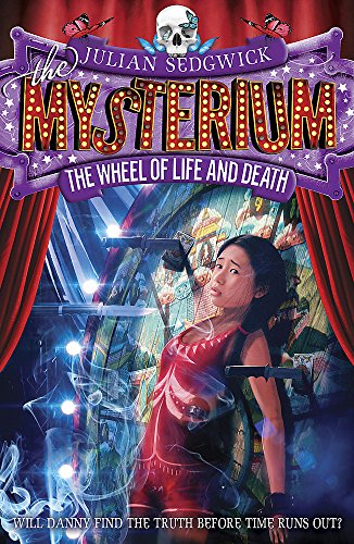 Book cover: girl near a glowing, broken carnival wheel, red curtains.