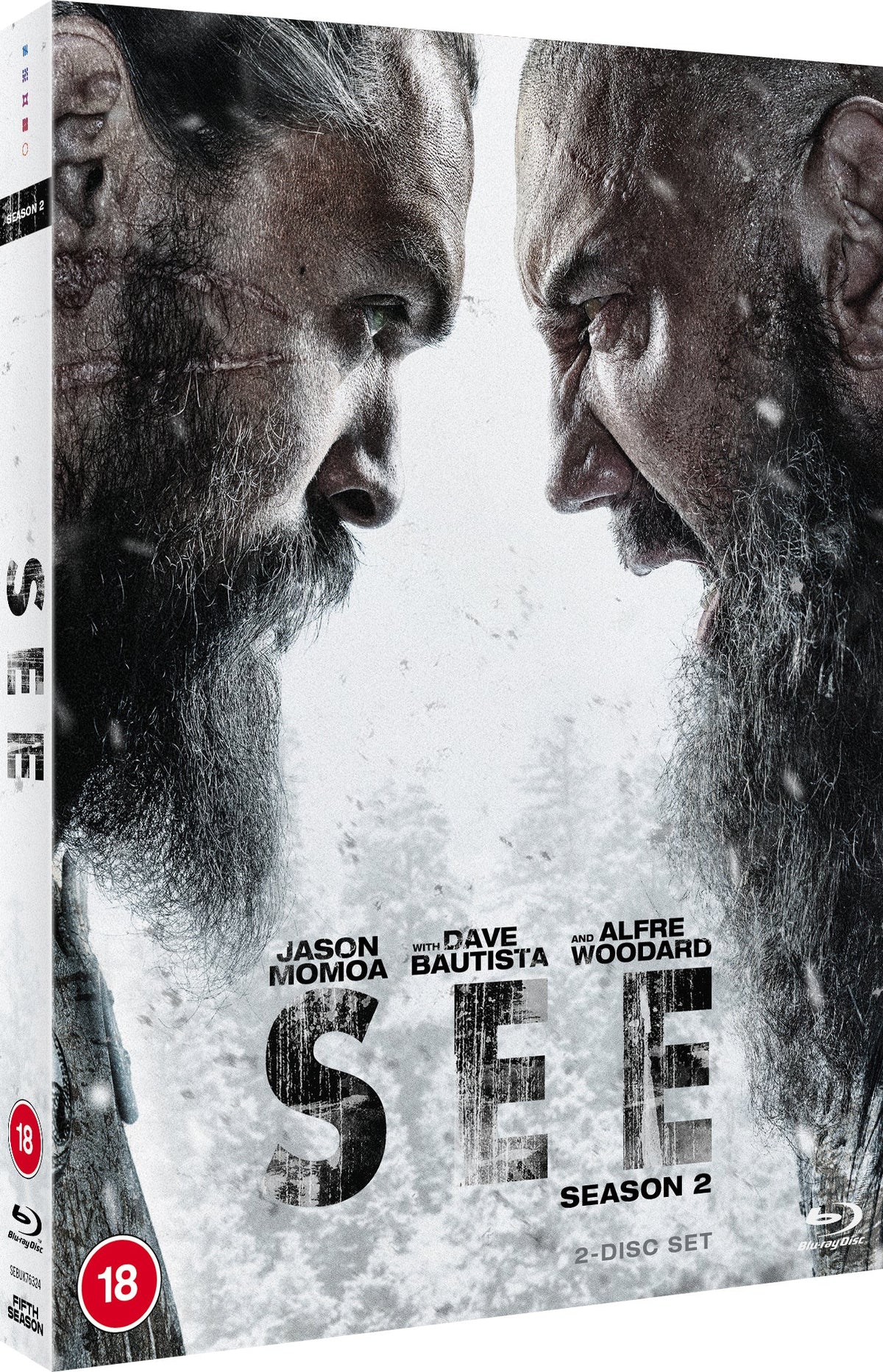 Blu-ray cover for "See" Season 2, featuring Jason Momoa and Dave Bautista.