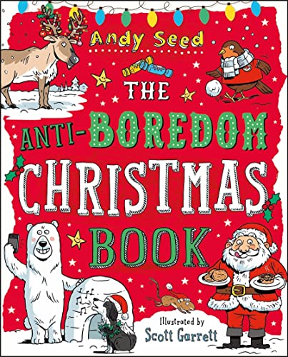Red book cover with cartoon Christmas characters and festive decorations.
