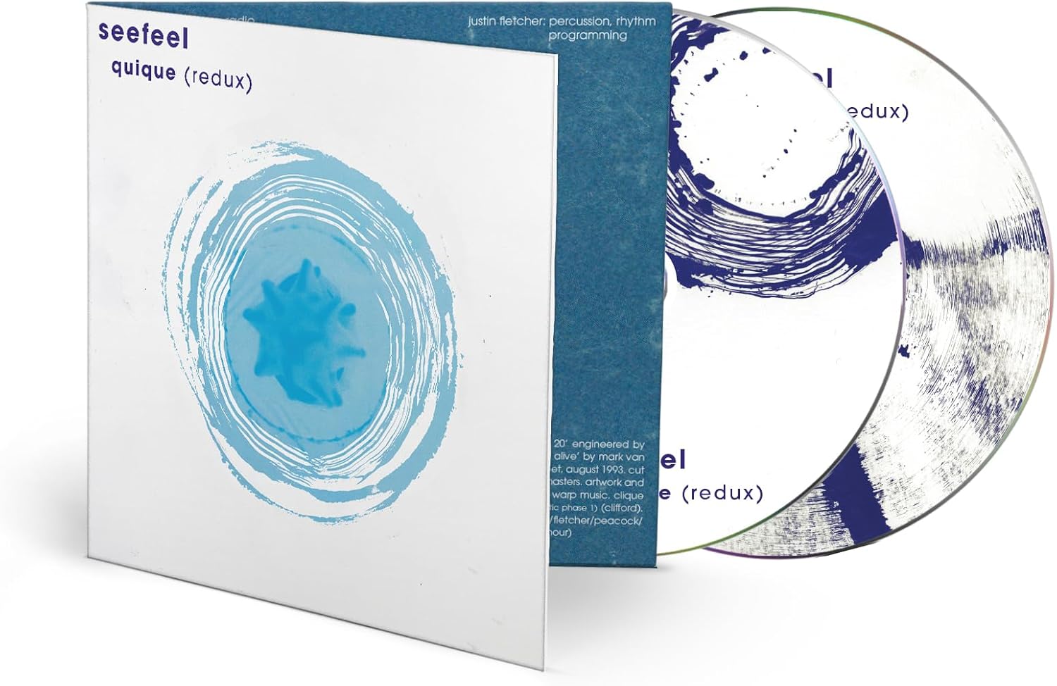 CD cover for Seefeel’s “Quique (redux)” with blue and gray abstract art.