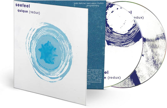 CD cover for Seefeel’s “Quique (redux)” with blue and gray abstract art.