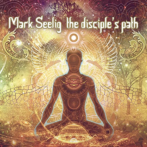 Meditating figure with wings against a golden, ethereal, and cosmic background.