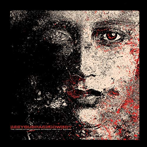 A distressed album cover featuring a close-up of a man's face with red splatters.