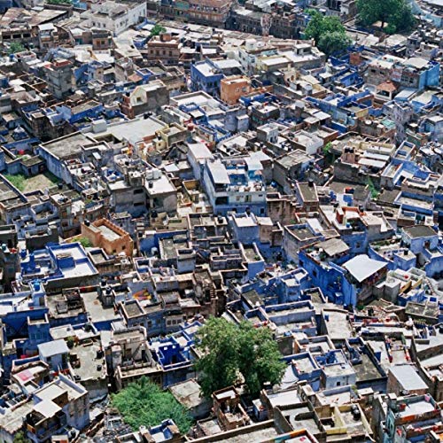 Aerial view of densely packed, predominantly blue buildings and rooftops.