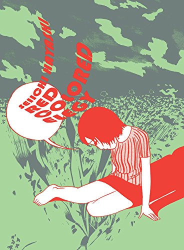 Red and white illustration of a girl sitting in tall grass.