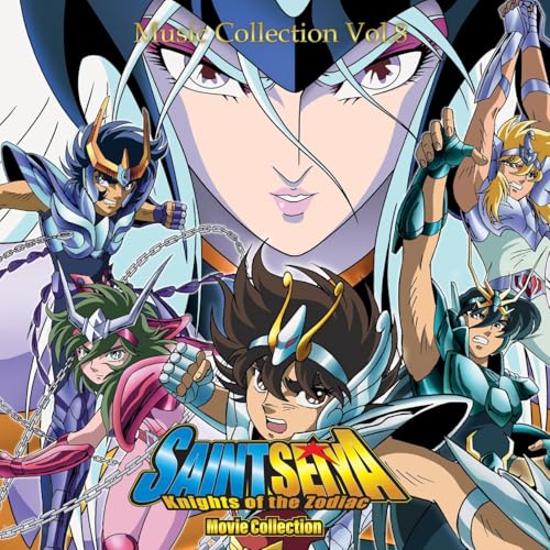 Saint Seiya album cover featuring anime characters in colorful armor.