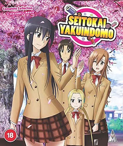 Anime characters in school uniforms stand before a background of blooming cherry blossoms.