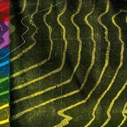 Abstract album art with yellow wavy lines on a dark textured background.