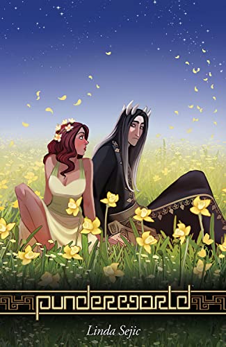A woman and a man with horns sit in a field of yellow flowers.
