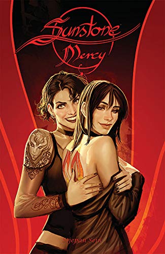 Book cover: two women embracing, with red and black abstract background.