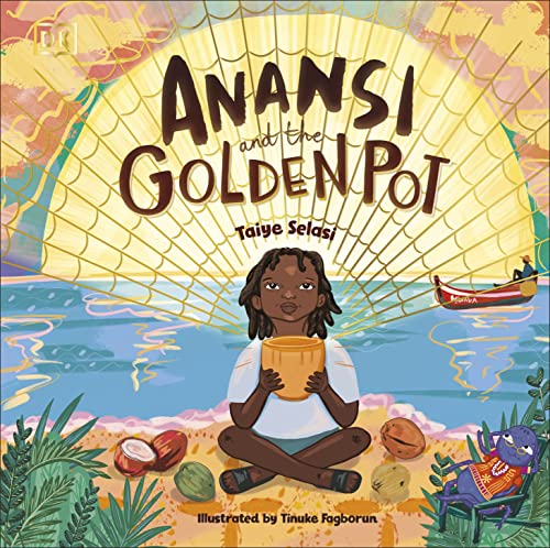 Book cover: a child holding a golden pot with a boat in the background.