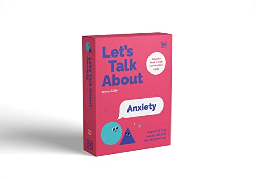 Pink book cover titled "Let's Talk About Anxiety" with cartoon illustration.
