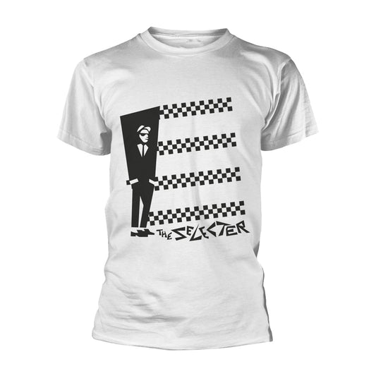 White t-shirt with black and white striped graphic and "The Selecter" text.