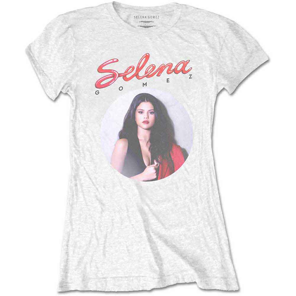 White women's t-shirt with a portrait of Selena Gomez.