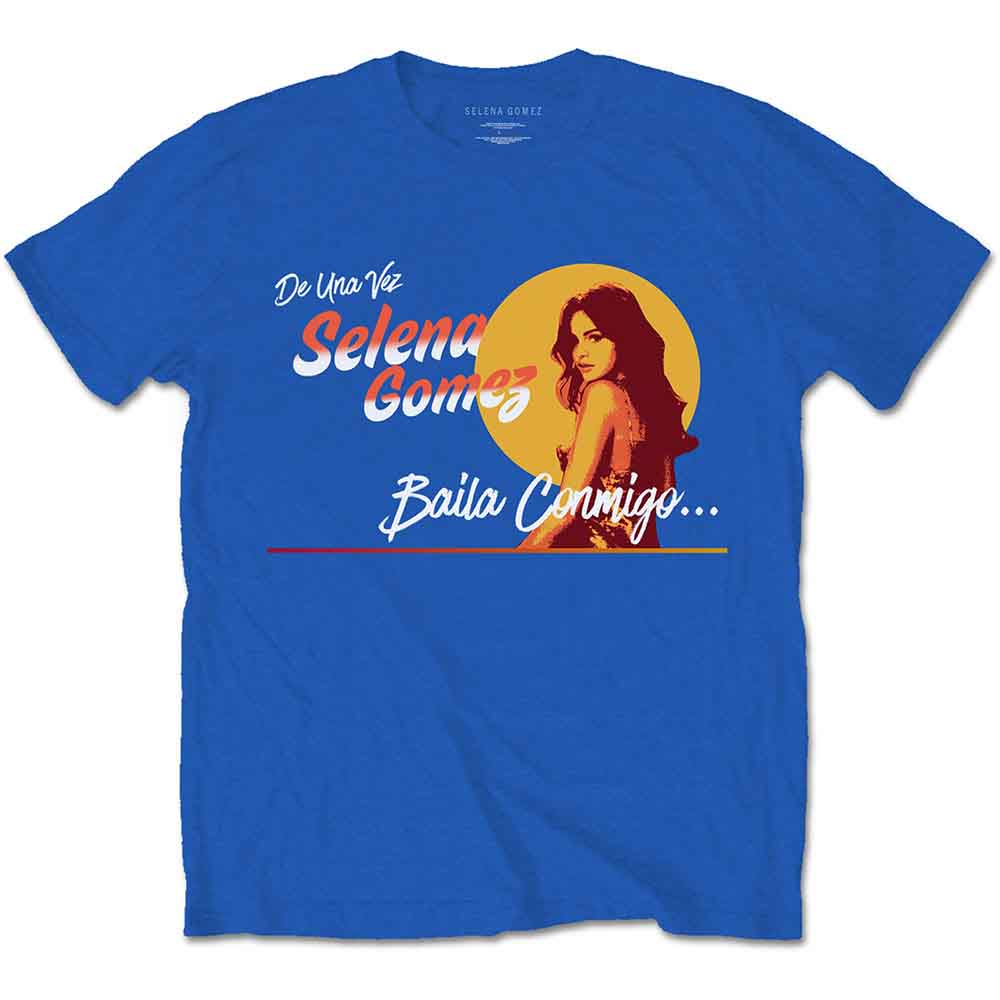 Royal blue t-shirt with a circular Selena Gomez portrait graphic.