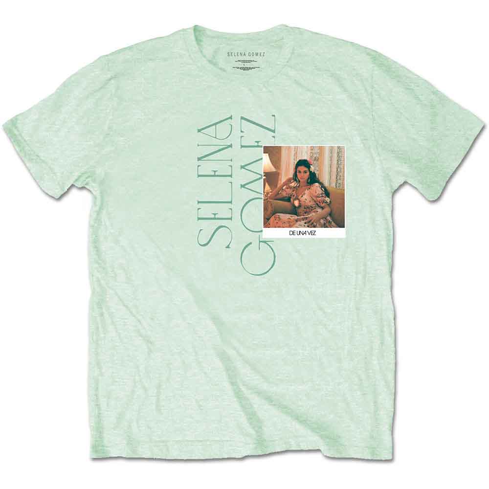 Light green t-shirt with "Selena Gomez" text and a portrait.