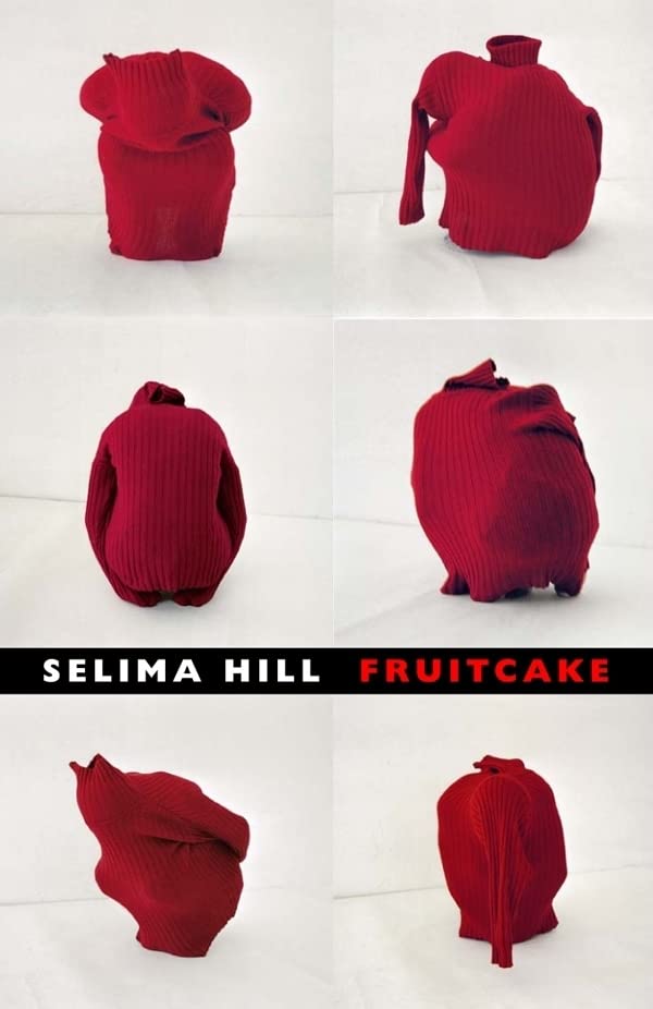 Red, textured garment shaped like a human torso, titled "Fruitcake".
