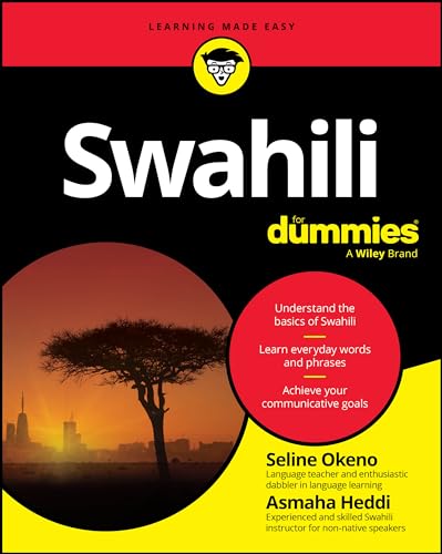 Book cover for "Swahili For Dummies" with a savanna landscape.