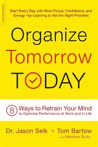Yellow book cover with bold text: "Organize Tomorrow Today" and a checkmark icon.
