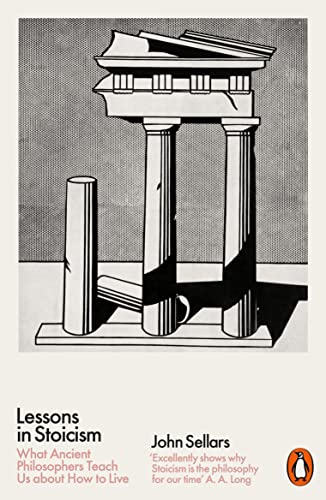 Book cover with illustration of classical columns, title “Lessons in Stoicism.”