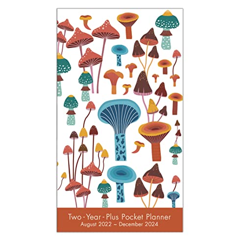 Pocket planner with a colorful pattern of various illustrated mushrooms.