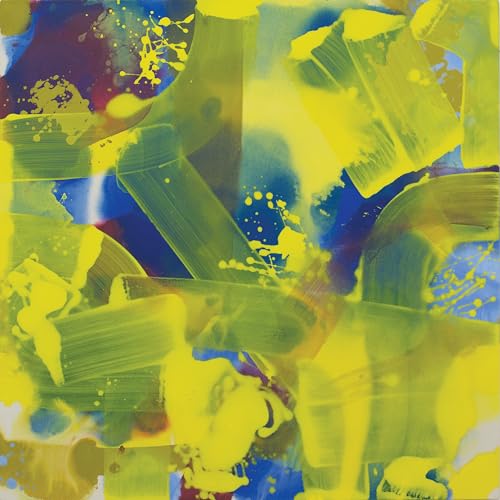 Abstract painting with bold yellows, blues, and splatters, resembling vinyl record.