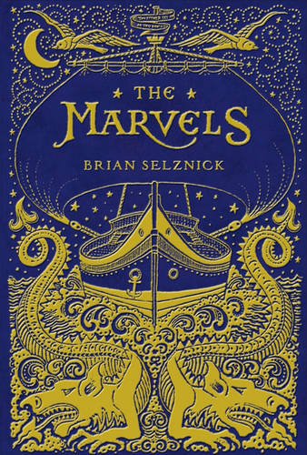 Book cover featuring a gold ship, sea monsters, and birds on a blue background.