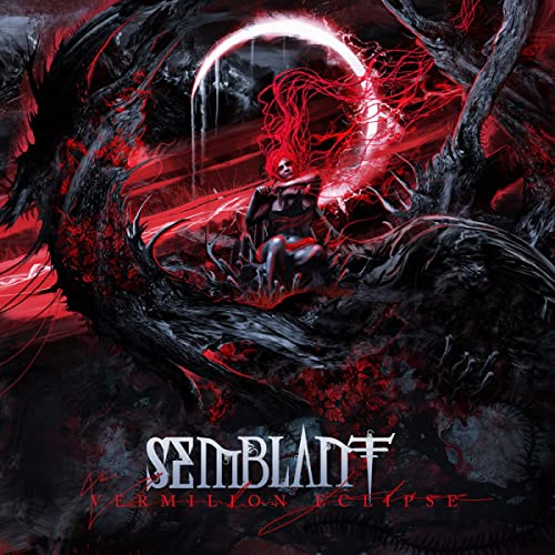 Dark fantasy album cover with a figure amidst twisted roots and a red eclipse.