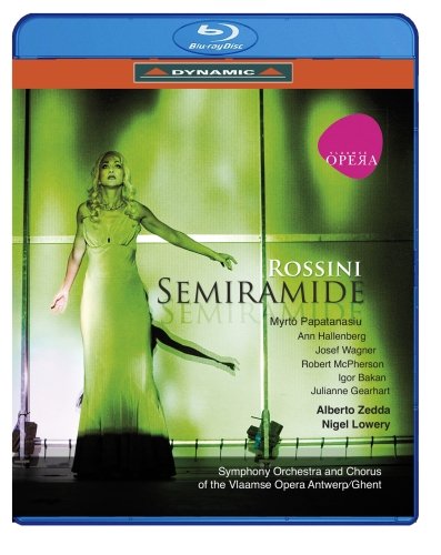 Blu-ray cover for Rossini’s opera *Semiramide*, featuring a soprano in green.
