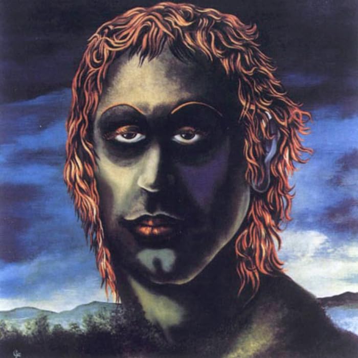 Painted portrait of a person with striking orange hair and intense gaze.