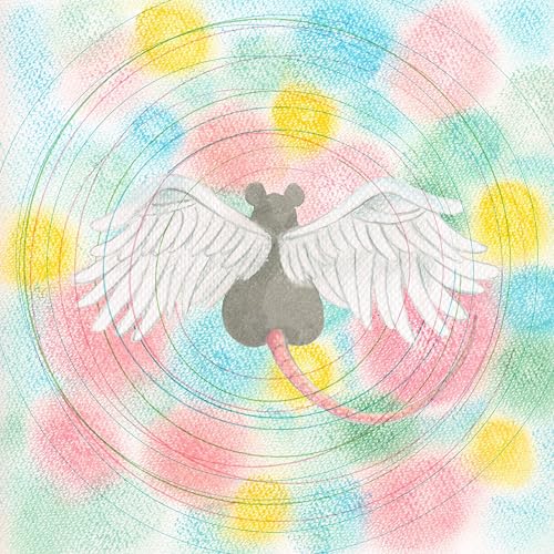 Watercolor painting of a winged mouse with a long tail, colorful background.