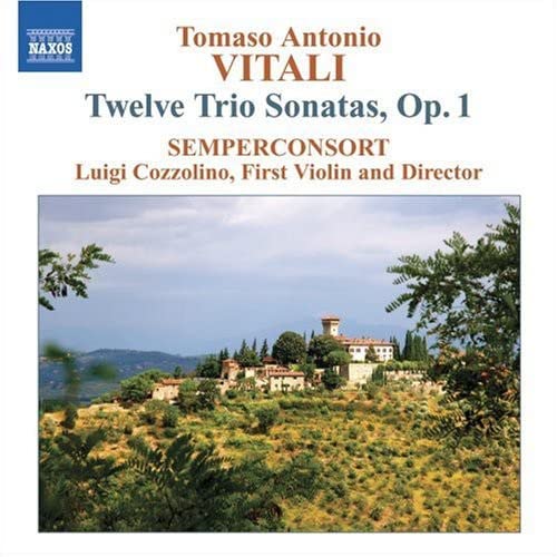 CD cover showing text about Vitali's Trio Sonatas above a landscape of a hilltop village.