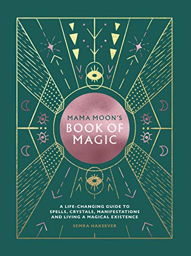 The book cover features a pink moon on a green background with gold illustrations.