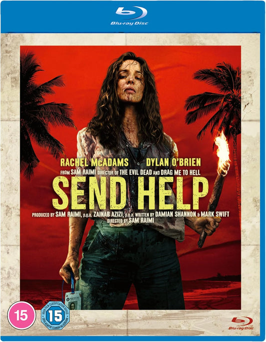 Blu-ray cover for horror film "Send Help" featuring a distressed woman.