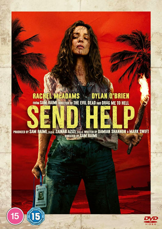 DVD cover featuring a bloodied woman holding a torch against a red tropical background.