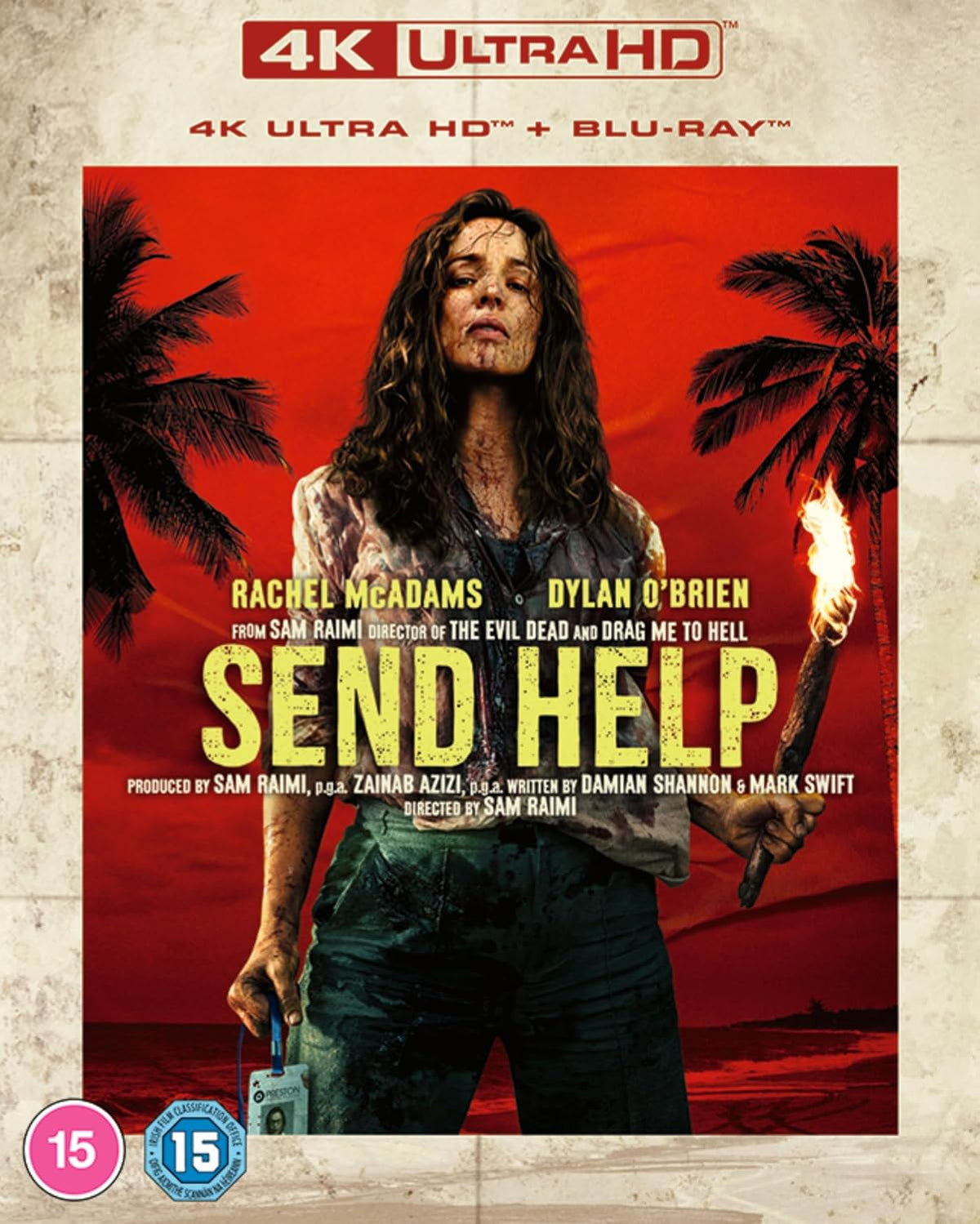 Blu-ray cover for "Send Help" featuring a woman holding a phone, distressed.