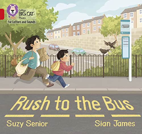 Illustration of a woman and child running towards a bus stop.