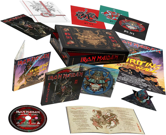 Iron Maiden Senjutsu Blu-ray box set contents including discs, booklet, and art prints.