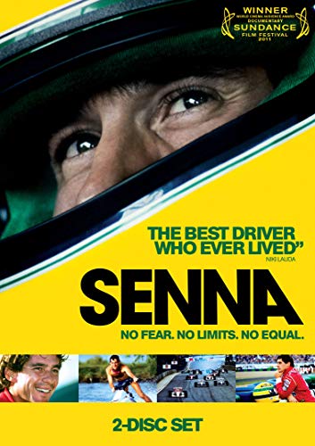 "Yellow DVD cover of 'Senna' documentary, featuring a driver in a helmet."