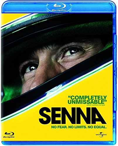 Blu-ray cover for the documentary "Senna," featuring a racing driver’s face.