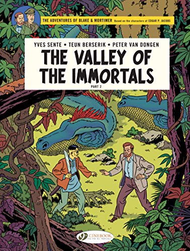 Comic book cover featuring two men and a large blue dragon in jungle.