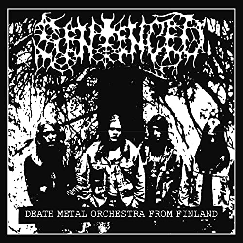 Black and white photo of four band members standing in front of trees.