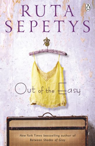 Book cover: "Out of the Easy" by Ruta Sepetys, with suitcase and dress.