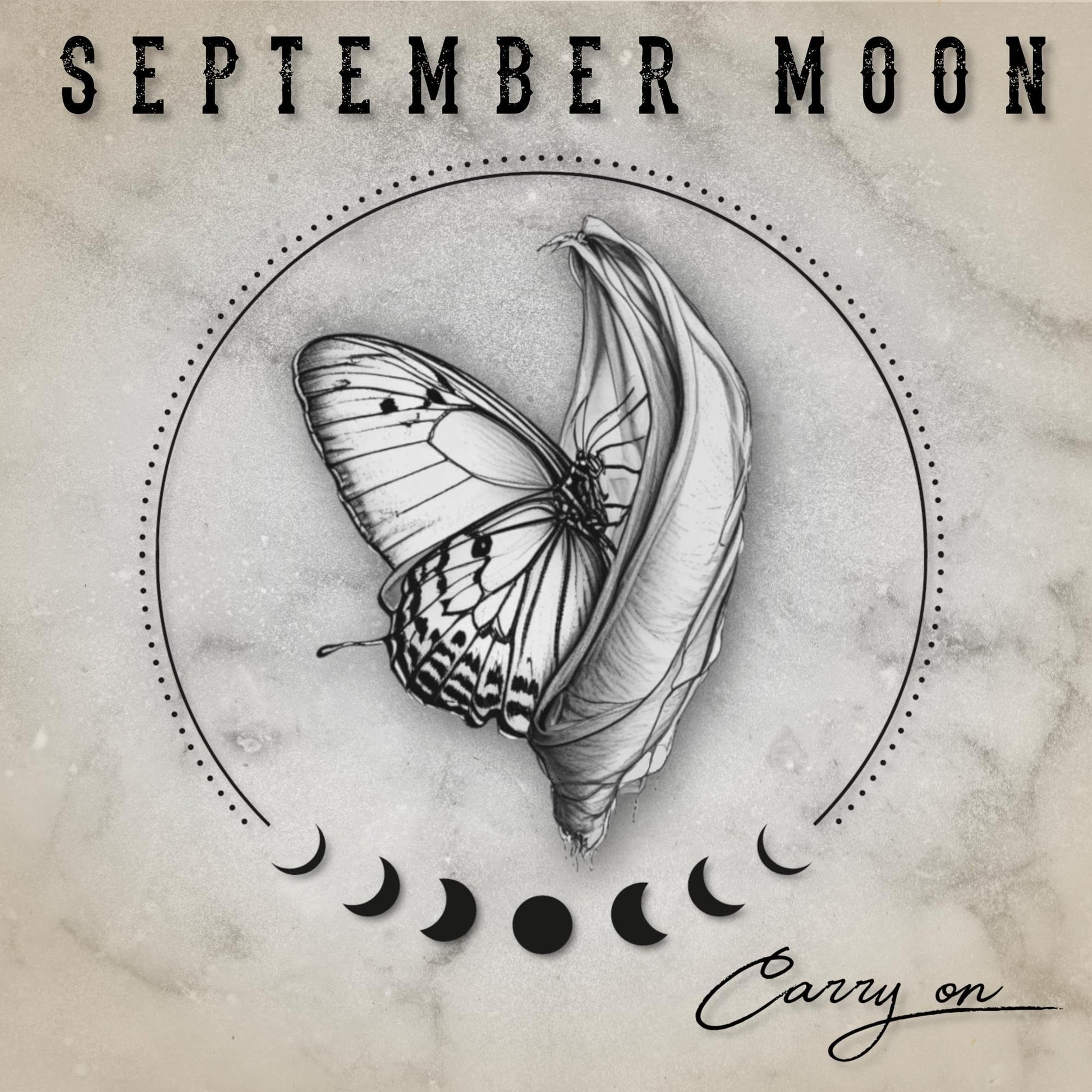 A butterfly emerging from a chrysalis inside a dotted circle with lunar phase icons.