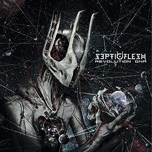 Septic Flesh album cover: skeletal figure amidst a cosmic, fractured background.
