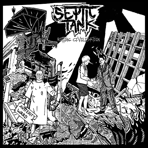 Black and white illustration of a dystopian scene with figures and ruins.