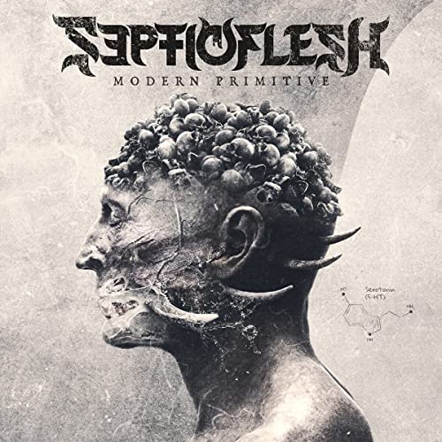 Septicflesh album cover: grayscale image of a head composed of faces.