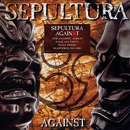 Sepultura “Against” vinyl record cover with tribal mask imagery.
